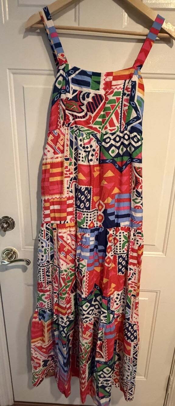 Skys Are Blue Dress Women's Small Strappy Abstract/Geometric Colorul Print Maxi